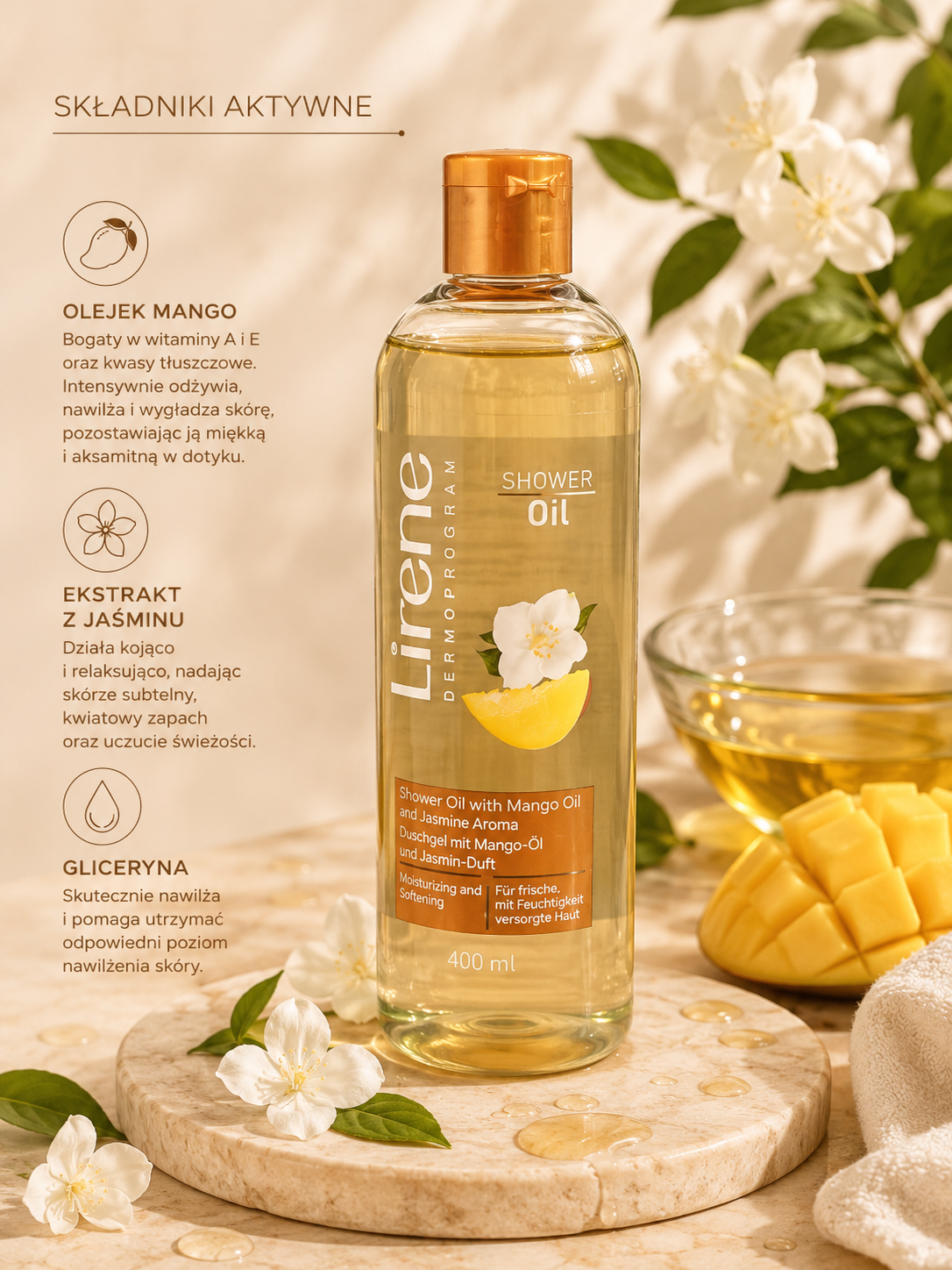 Lirene Dermoprogram Shower Oil – Olejek pod prysznic z olejkiem mango i aromatem jaśminu 400ml