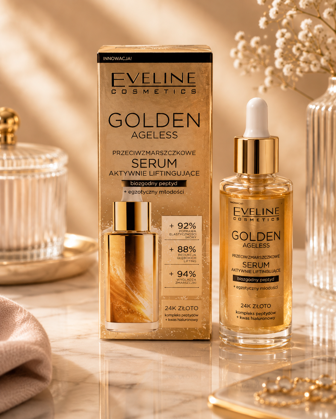 Eveline Cosmetics Golden Ageless – Przeciwzmarszczkowe Serum Aktywnie Liftingujące z 24K Złotem