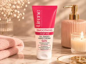 Lirene Dermoprogram Regeneration Nourishing Hand Serum to intensywnie odżywcze serum stworzone z myślą o bardzo suchej, szorstkiej i wymagającej regeneracji skórze dłoni. Bogata formuła pomaga przywrócić dłoniom miękkość, gładkość oraz komfort, szczególnie wtedy, gdy skóra jest przesuszona na skutek częstego mycia, stosowania środków dezynfekujących, niskich temperatur czy kontaktu z detergentami.  Według deklaracji producenta 92% potwierdza efekt odżywienia i wygładzenia skóry.  Kompleks lipidowy  Formuła serum zawiera kompleks lipidowy, który wspiera naturalną barierę ochronną skóry. Lipidy pomagają ograniczyć utratę wilgoci oraz chronią przesuszoną skórę przed niekorzystnym wpływem czynników zewnętrznych. Dzięki temu dłonie stają się bardziej miękkie, elastyczne i przyjemne w dotyku.  Olej z róży pustyni  Desert Rose Oil – olej z róży pustyni został zastosowany ze względu na swoje właściwości odżywcze i pielęgnacyjne. Pomaga poprawić komfort suchej skóry, wspiera jej regenerację oraz pozostawia ją bardziej gładką i zadbaną.  Hydrolat różany  Formułę wzbogacono również o hydrolat różany, ceniony w kosmetyce za właściwości pielęgnujące, odświeżające i łagodzące. Pomaga zadbać o skórę narażoną na przesuszenie i dyskomfort oraz wspiera utrzymanie jej miękkiego, zdrowo wyglądającego wyglądu.  Właściwości  * przeznaczone do bardzo suchej skóry dłoni * intensywnie odżywia i pielęgnuje * pomaga regenerować przesuszony naskórek * wygładza szorstką skórę * wspiera naturalną barierę ochronną * pomaga ograniczać utratę wilgoci * poprawia miękkość i elastyczność skóry * przynosi komfort przesuszonym dłoniom * zawiera kompleks lipidowy, olej z róży pustyni i hydrolat różany * idealne do regularnej pielęgnacji dłoni wymagających intensywnego odżywienia  Dla kogo?  Serum jest szczególnie polecane osobom z bardzo suchą, szorstką i napiętą skórą dłoni, która potrzebuje czegoś więcej niż podstawowe nawilżenie. Świetnie sprawdzi się również w okresie jesienno-zimowym oraz przy częstym myciu rąk.