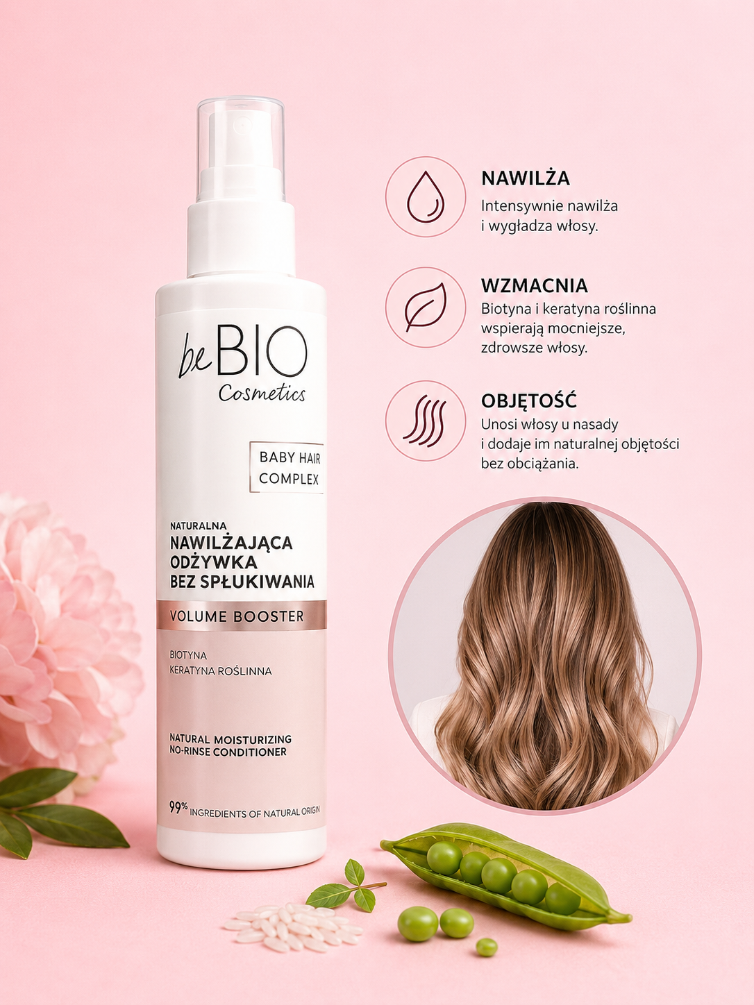 beBIO Cosmetics Baby Hair Complex – Naturalna Nawilżająca Odżywka Bez Spłukiwania Volume Booster