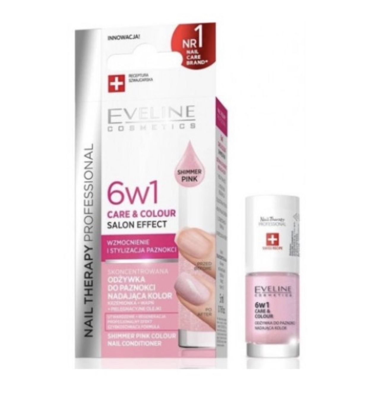 Eveline 6w1 Care & Colour Shimmer Pink , Odżywka do paznokci